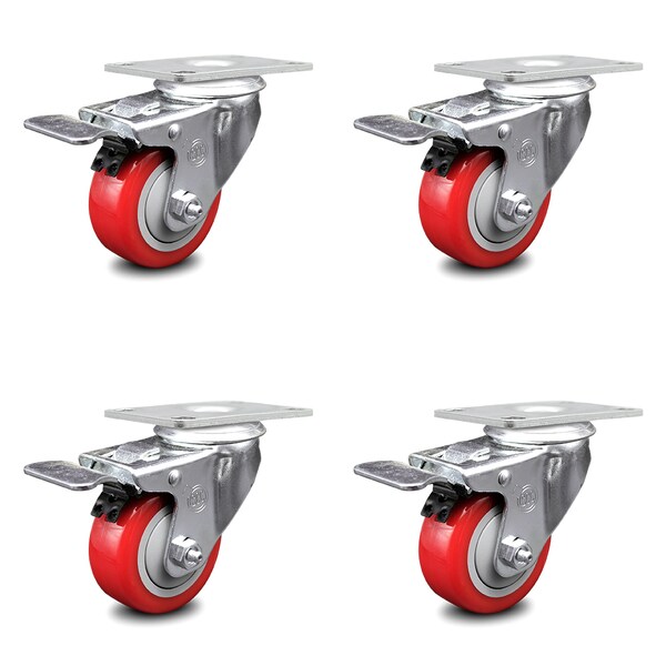 3 Inch Red Polyurethane Swivel Top Plate Caster Set with Total Lock Brake SCC